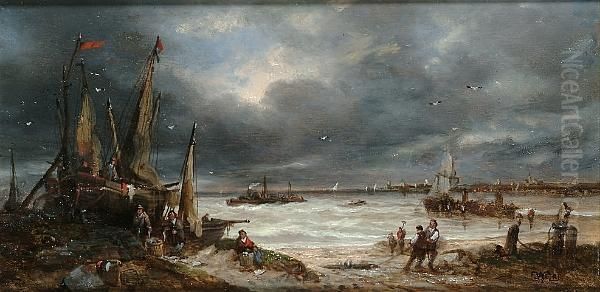 Fisherfolk On The Shore Oil Painting by John Anthony Puller