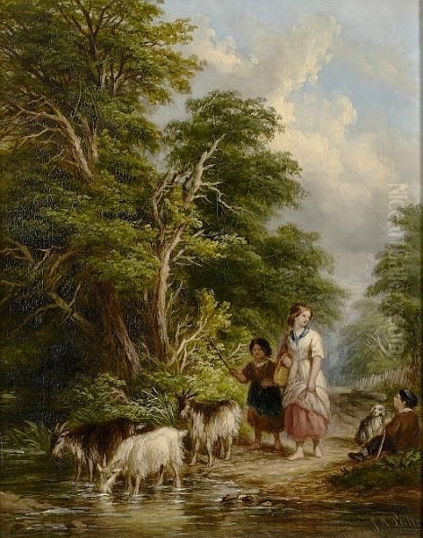 Driving Goats Across A Stream; Country Entertainments Oil Painting by John Anthony Puller