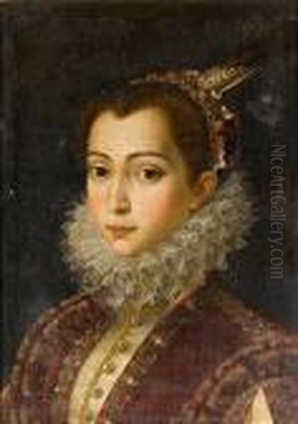 Portrait Of A Young Lady, 
Bust-length, In Acrimson Embroidered Dress With A White Lace Ruff And A 
Headdress Ofpearls, Flowers And Feathers Oil Painting by Scipione Pulzone