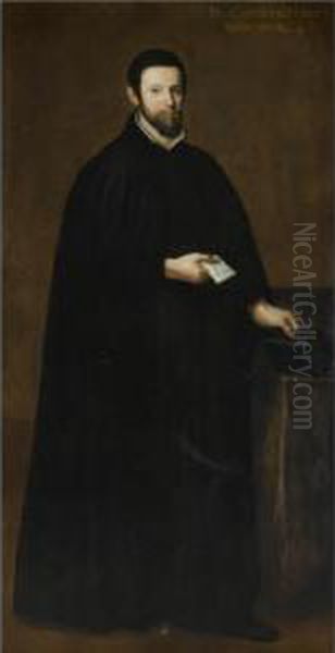 Portrait Of A Gentleman, Full 
Length, Wearing A Black Cloak And Holding A Black Hat And A Letter Oil Painting by Scipione Pulzone