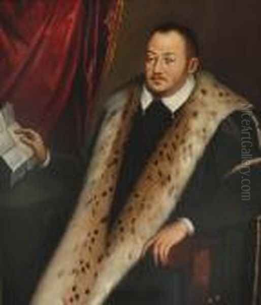 Portrait Of Francesco I De' 
Medici, Three-quarter-length, In Black Costume With Fur Trim, Holding A 
Letter, Seated Before A Red Curtain Oil Painting by Scipione Pulzone