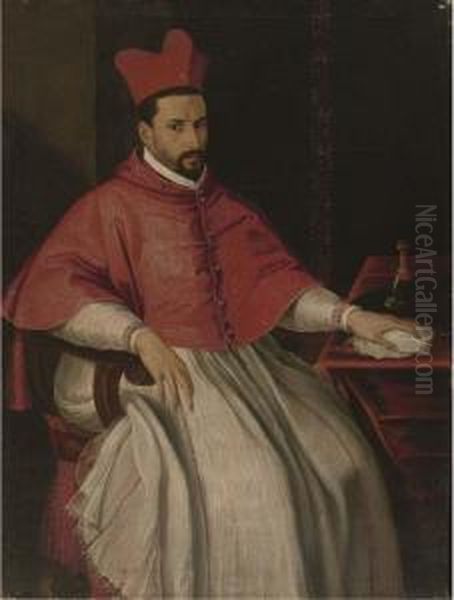 Portrait Of A Cardinal, Seated, Three-quarter-length, At Atable Oil Painting by Scipione Pulzone