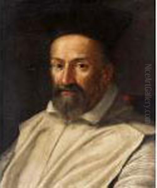 Portrait Of A Prelate, Head And Shoulders, Wearing White Robes And A Black Hat Oil Painting by Scipione Pulzone