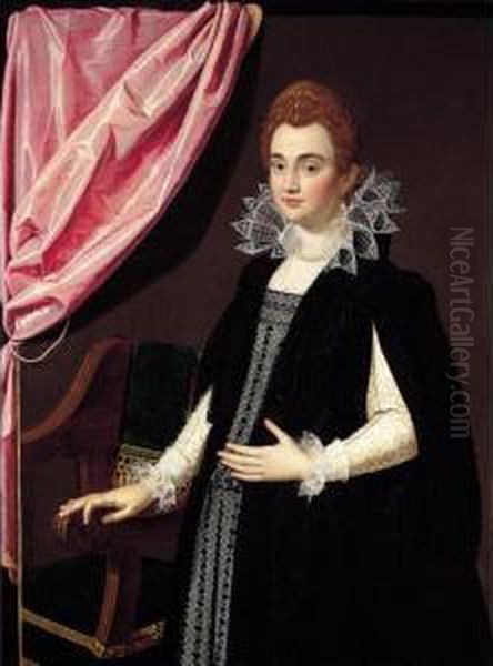 A Trompe L'oeil Portrait Of A 
Noblewoman, Possibly Maria De' Medici, Three-quarter Length, Standing 
Before A Chair Oil Painting by Scipione Pulzone