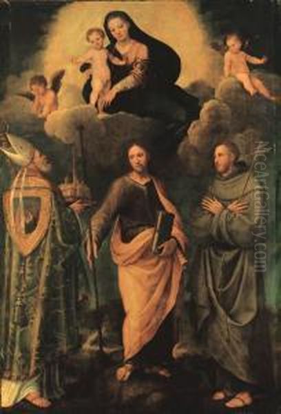 The Madonna And Child Appearing 
To Saint Petronius Of Bologna, Theapostle Saint James The Greater, And 
Saint Francis Of Assisi Oil Painting by Biagio Pupini