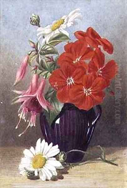 Geraniums and Fuchsias in Glazed Purple Jug Oil Painting by Mary Elizabeth Duffield