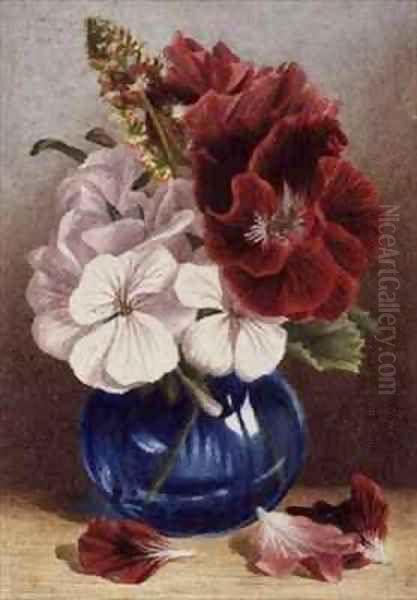 Claret and White Pelargoniums in a Blue Vase Oil Painting by Mary Elizabeth Duffield