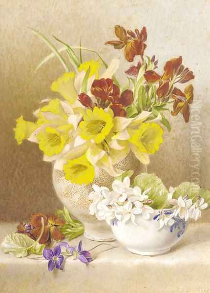 Still life with daffodils, cyclamen and anemones in ceramic vases on a ledge Oil Painting by Mary Elizabeth Duffield