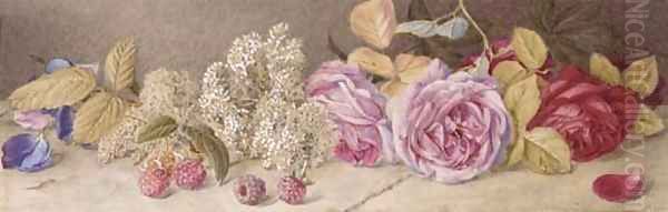 Roses and spiroea Oil Painting by Mary Elizabeth Duffield