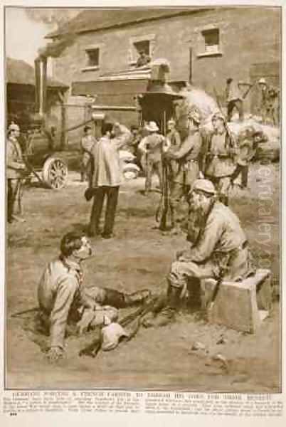 Germans forcing a French farmer to thresh his corn for their benefit 2 Oil Painting by Frank Dadd