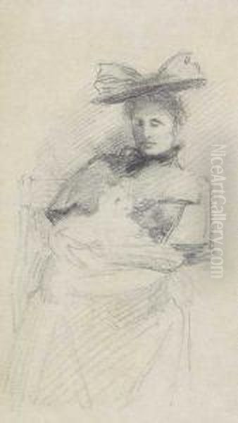 Woman With Large Hat And Dog In Her Lap Oil Painting by Sarah Henrietta Purser