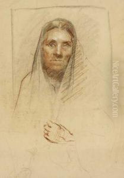 Head Of An Old Woman With A Shawl Over Head Oil Painting by Sarah Henrietta Purser