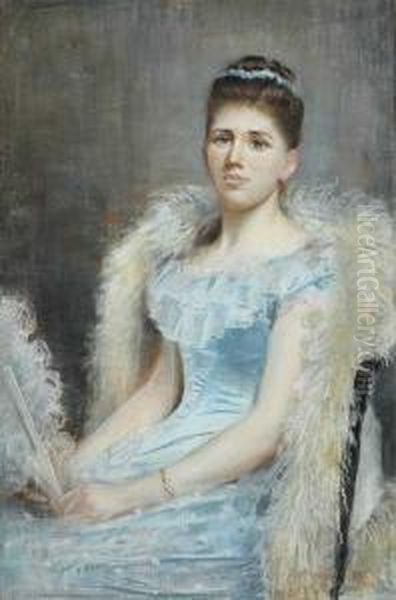 Lady In A Blue Silk Dress And Feathered Boa Oil Painting by Sarah Henrietta Purser