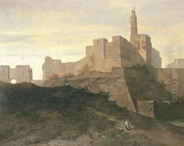 Jerusalem, a view of the city walls with the Gate of Jaffa and the Tower of David Oil Painting by Adrien Dauzats