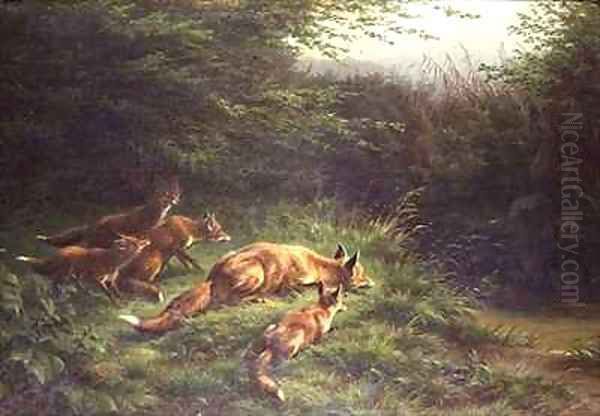 Foxes waiting for the prey Oil Painting by Carl Friedrich Deiker