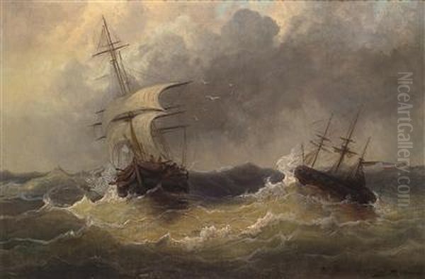 Zwei Schiffe Auf Stark Bewegter See Oil Painting by Josef Carl Berthold Puttner