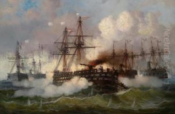 Battaglia Navale Di Lissa Oil Painting by Josef Carl Berthold Puttner