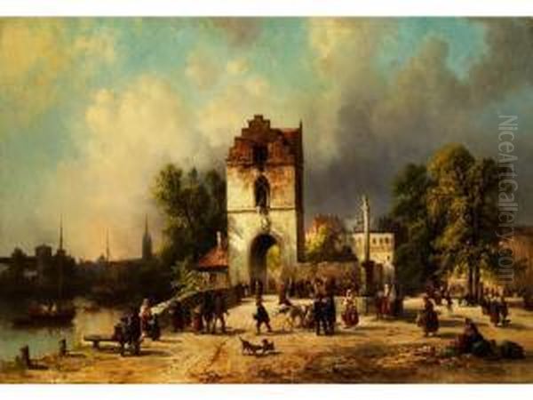 Stadtansicht Mit Gotischem 
Treppenturm, Saulenbrunnen Und Flanierenden Personen Auf Dem Vorplatz Oil Painting by Josef Carl Berthold Puttner