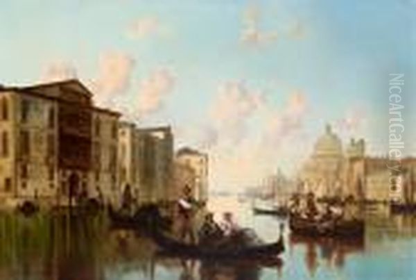 Venezia - Canale Animato Dal 
Passaggio Delle Gondole Con Santa Maria Della Salute Sullo Sfondo Oil Painting by Josef Carl Berthold Puttner