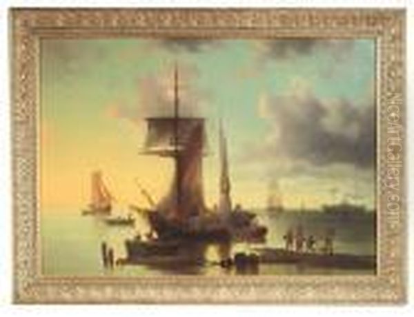 Sailing Boats At Sunset 
Returning Into The Harbour. Oil/canvas, On One Of The Ship's Rail Signed Oil Painting by Josef Carl Berthold Puttner