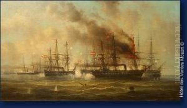 Combat Naval Oil Painting by Josef Carl Berthold Puttner