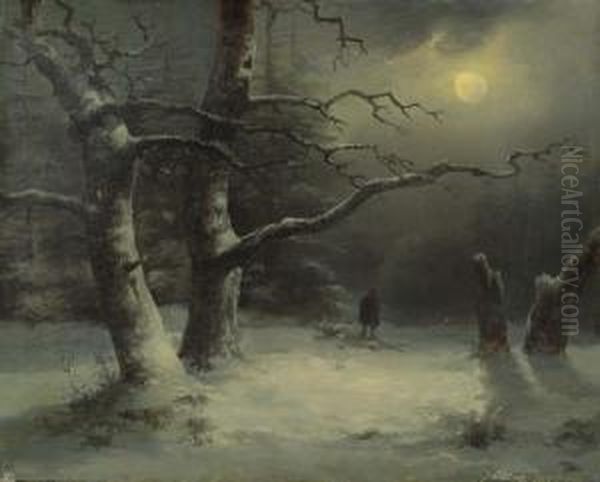 Winter Landscape In The Moonlight. 1842. Oil Painting by Josef Carl Berthold Puttner