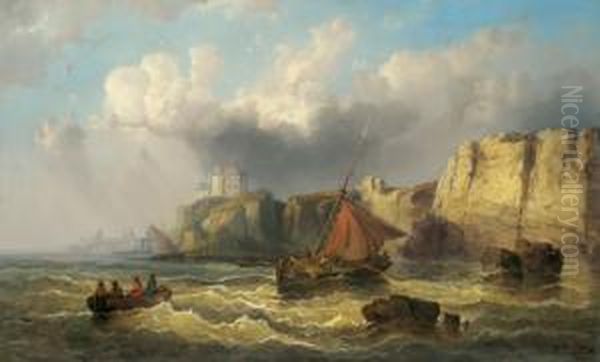 Fishing And Sailing Boats Moving Along The Coast Oil Painting by Josef Carl Berthold Puttner