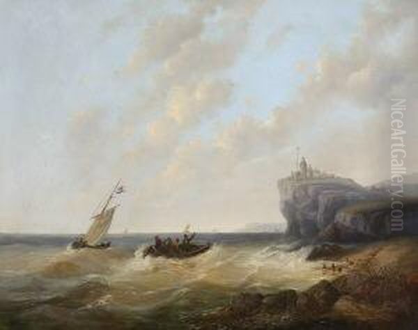 Fischerboote Vor Felsiger
 Meereskuste. Oil Painting by Josef Carl Berthold Puttner