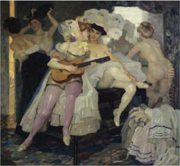 Hinter Den Kulissen (behind The Scenes) Oil Painting by Leo Putz