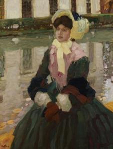 Portrat Veronika Kirmairim Schleissheimer Garten Oil Painting by Leo Putz