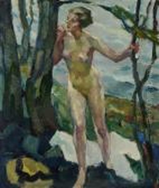 Weiblicher Akt Am Baum Oil Painting by Leo Putz