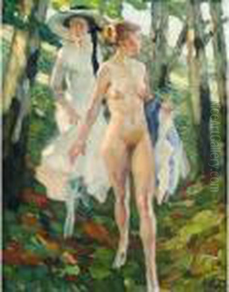 Zwei Madchen Im Wald (two Girls In A Forest) Oil Painting by Leo Putz