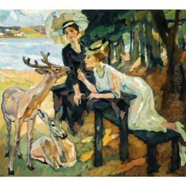 Das Zahme Reh (the Tame Deer) Oil Painting by Leo Putz