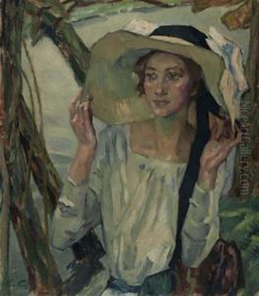 Dame Mit Florentiner Hut. Oil Painting by Leo Putz