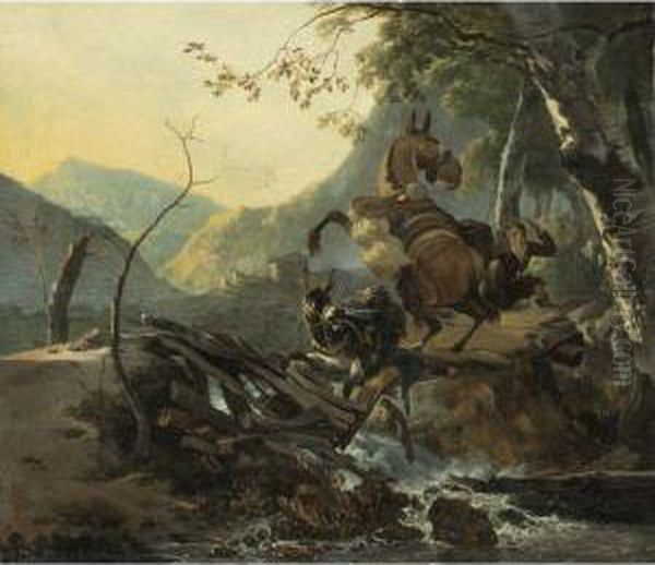 Italianate Landscape With A Donkey And A Rearing Horse Crossing Acollapsing Bridge Oil Painting by Adam Pynacker