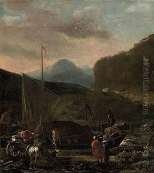 A River Landscape With A Ship 
Carrying Cargo, Travellers With Theirhorse And Cart On A Bank Oil Painting by Adam Pynacker