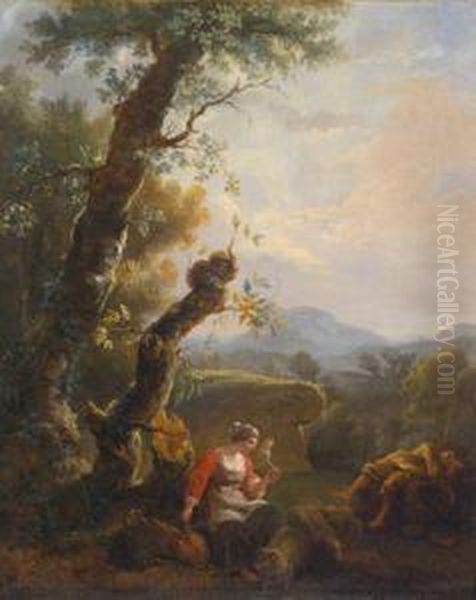 Eine Bauerin Mit Einem 
Spinnrocken Und Ein Schlafender Bauer In Einer Bewaldeten Landschaft Oil Painting by Adam Pynacker