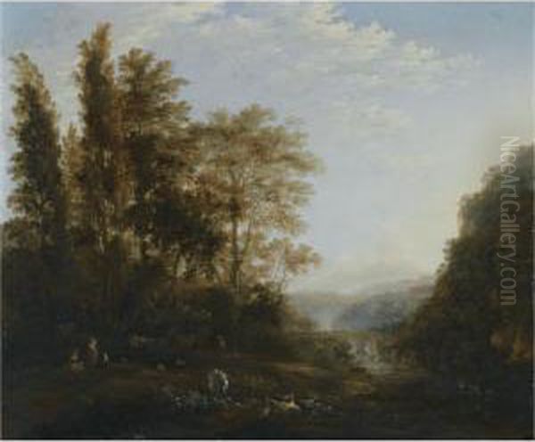 A Forest Landscape With 
Shepherds Resting With Their Cattle In The Foreground, An Aqueduct 
Beyond Oil Painting by Adam Pynacker