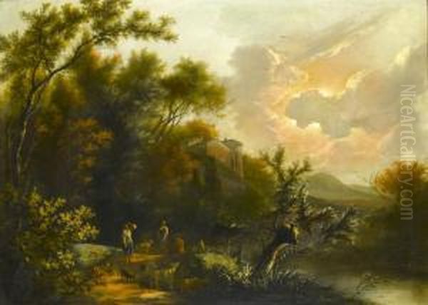 A Southern Wooded Landscape With Peasants And Animals By A River Oil Painting by Adam Pynacker