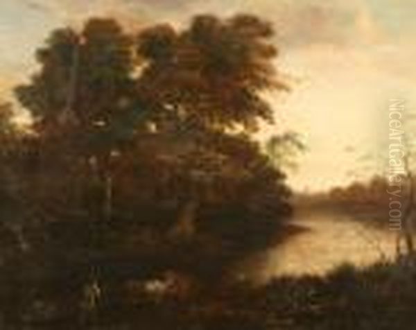 Cowherder By The River Oil Painting by Adam Pynacker