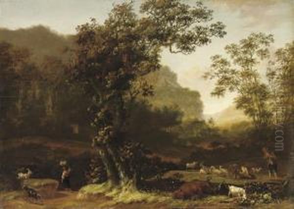 An Italianate Landscape With A 
Herdsman And His Flock Resting, Apeasant Girl On A Track Nearby Oil Painting by Adam Pynacker