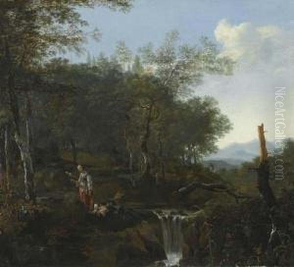 Forest Landscape With Waterfall. Oil Painting by Adam Pynacker