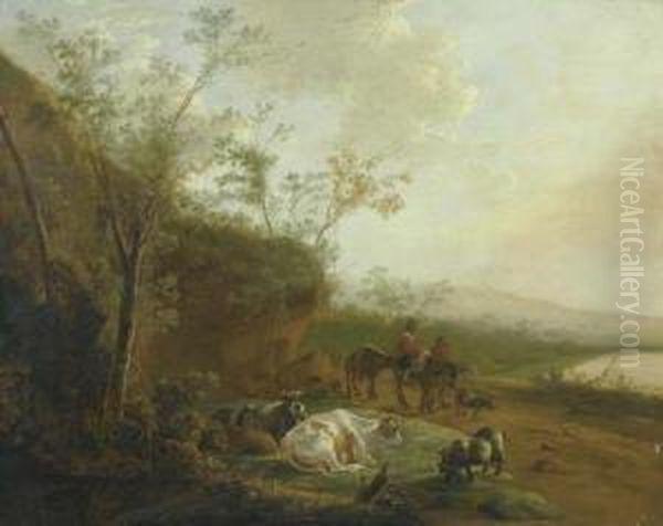 Landscape With Two Herdsmen, Cows And Goats. Oil Painting by Adam Pynacker