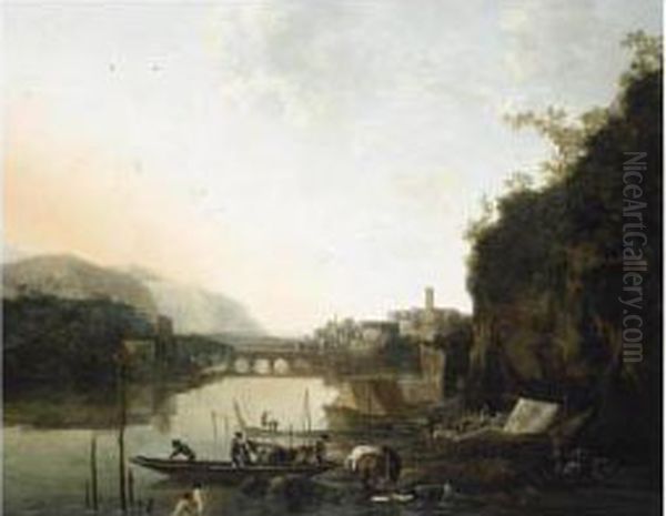 An Italianate River Landscape 
With A Capriccio View Of A Town And A Broken Bridge Beyond, A Ferry-boat
 And Bathers In The Foreground Oil Painting by Adam Pynacker