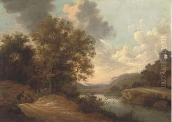 Figures On A Path In A River Landscape With A Hilltop Ruinbeyond Oil Painting by Adam Pynacker