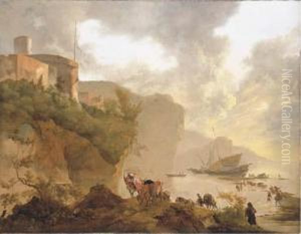 A Coastal Landscape With Stevedores Unloading A Ship, A Castlebeyond Oil Painting by Adam Pynacker