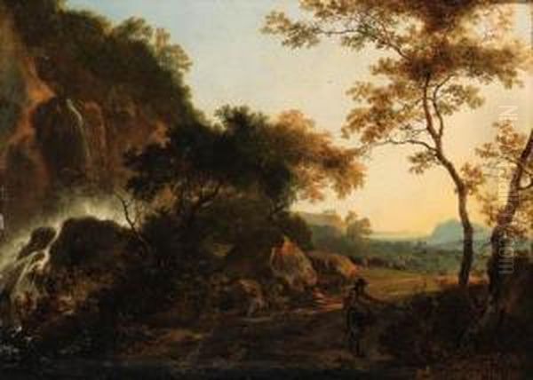 An Italianate Landscape With A 
Traveller On A Path By A Waterfall,a Drover And Cattle Beyond Oil Painting by Adam Pynacker