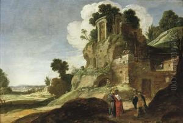 A Rocky Landscape With The Three Angels Appearing To Abraham Oil Painting by Jacob Pynas