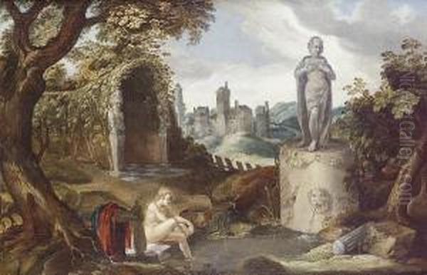 Susannah Bathing At A Stream Before A Statue, The Elders Looking On Oil Painting by Jacob Pynas