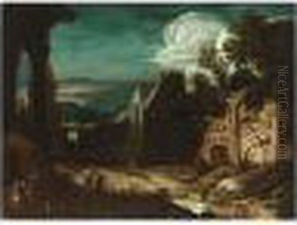 A Wooded Landscape With Travellers Amongst Classical Ruins Oil Painting by Jacob Pynas